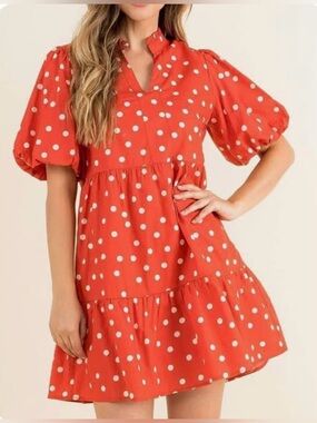 THML Red Polka Dot Puff Sleeve Tiered Mini Dress